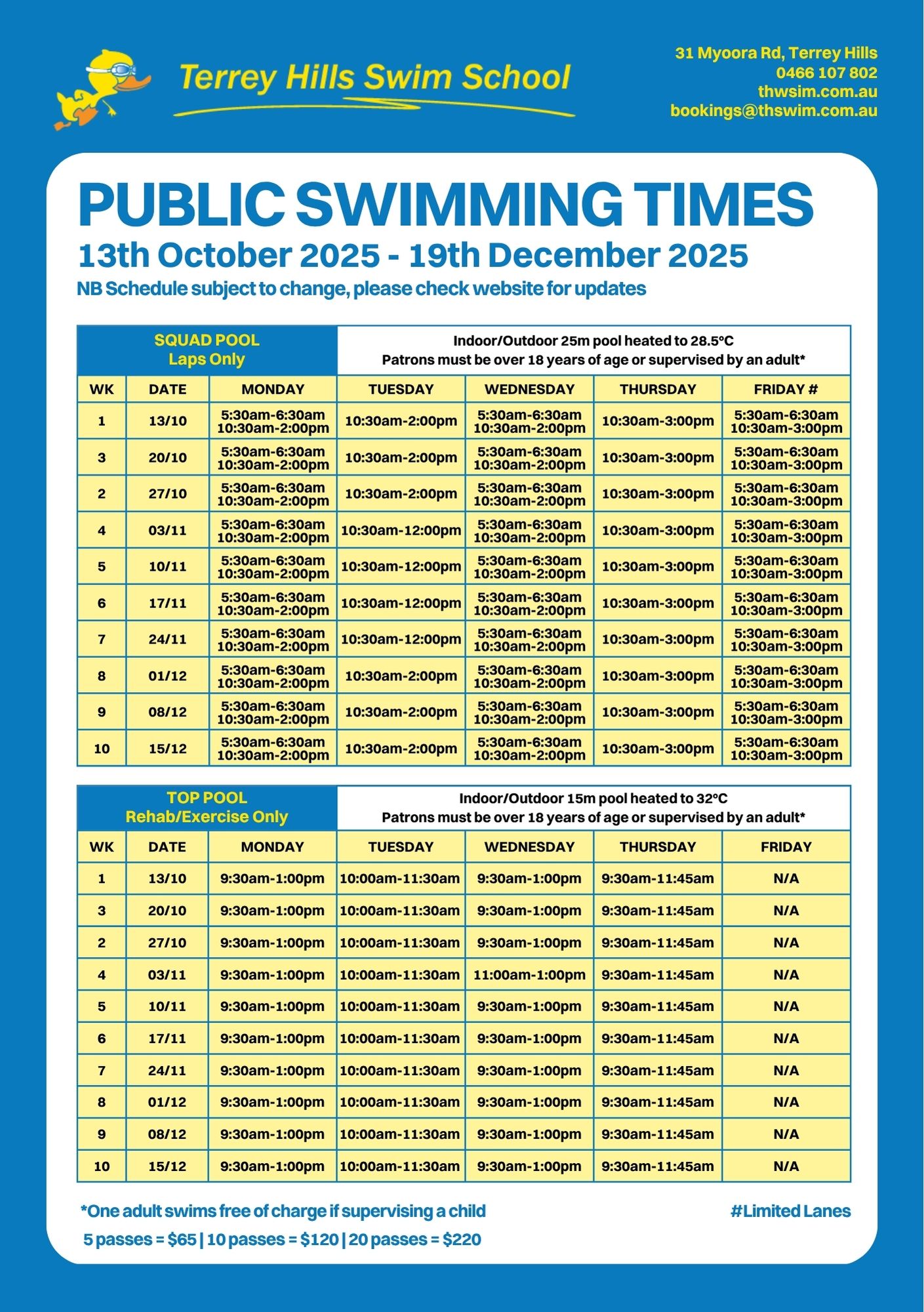 THSS Public Swimming Times Oct-Dec 2025 30.10.25 Public Swimming Times