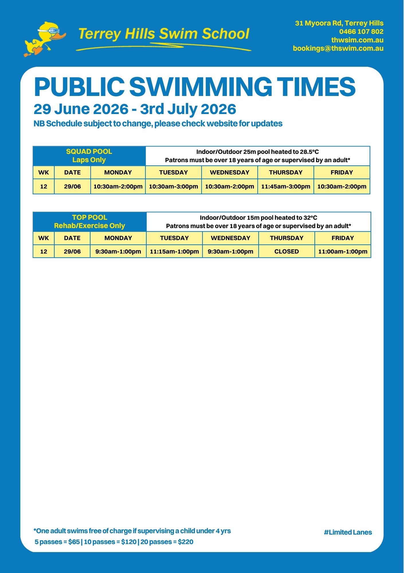 THSS Public Swimming Times June 2026 230626 Public Swimming Times