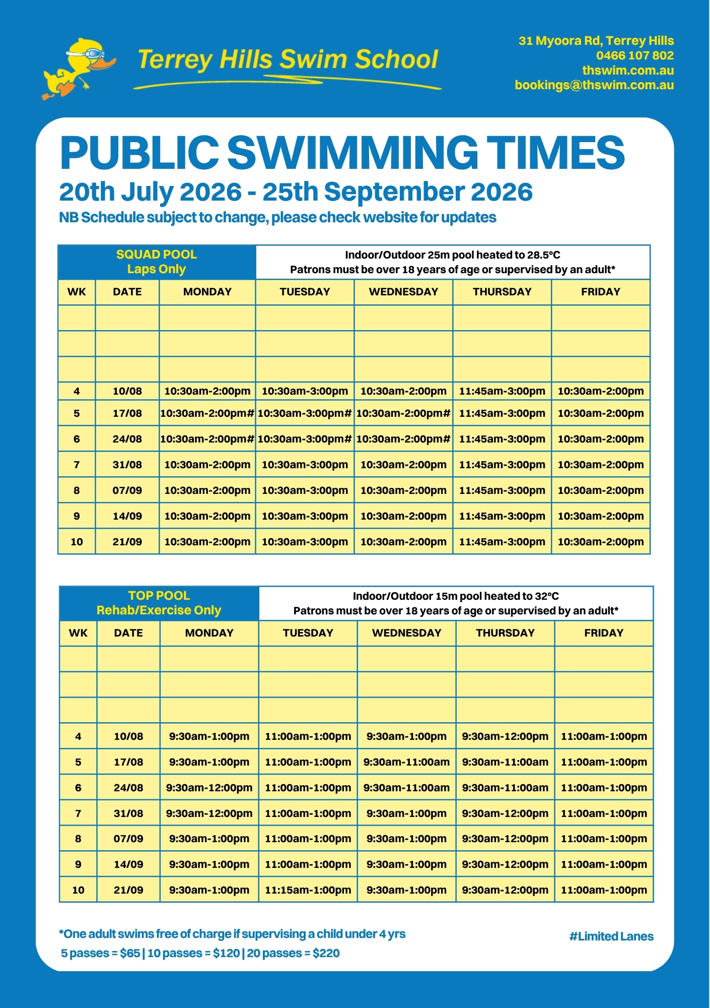 THSS Public Swimming Times July 2026 100826 Public Swimming Times