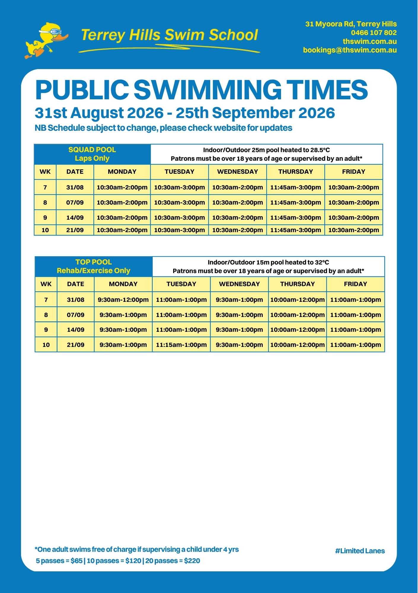 THSS Public Swimming Times 310826 Public Swimming Times