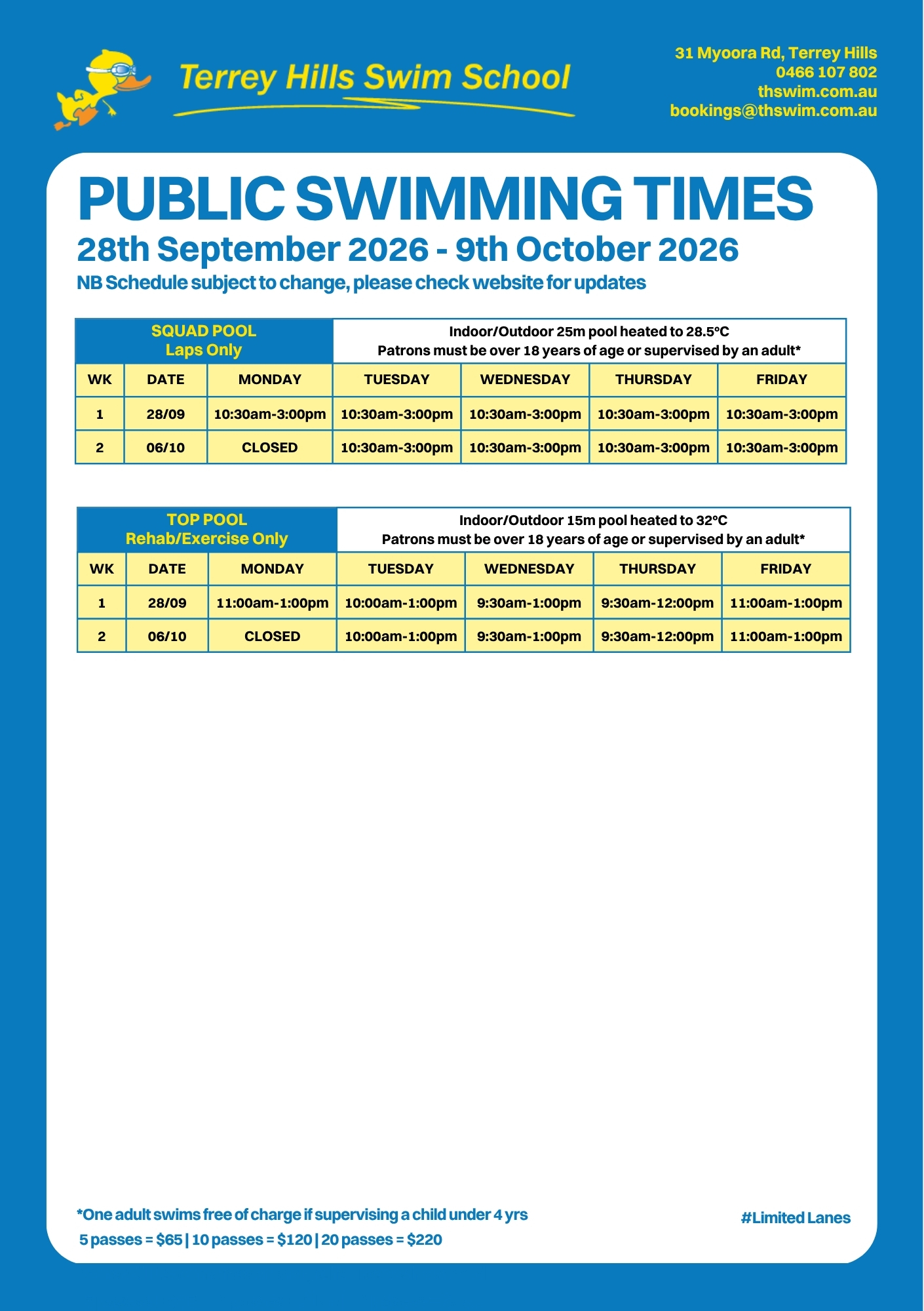 THSS Public Swimming Times October School Holidays 2026 Public Swimming Times